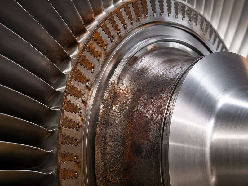Laser rust removal in progress on a turbine component
