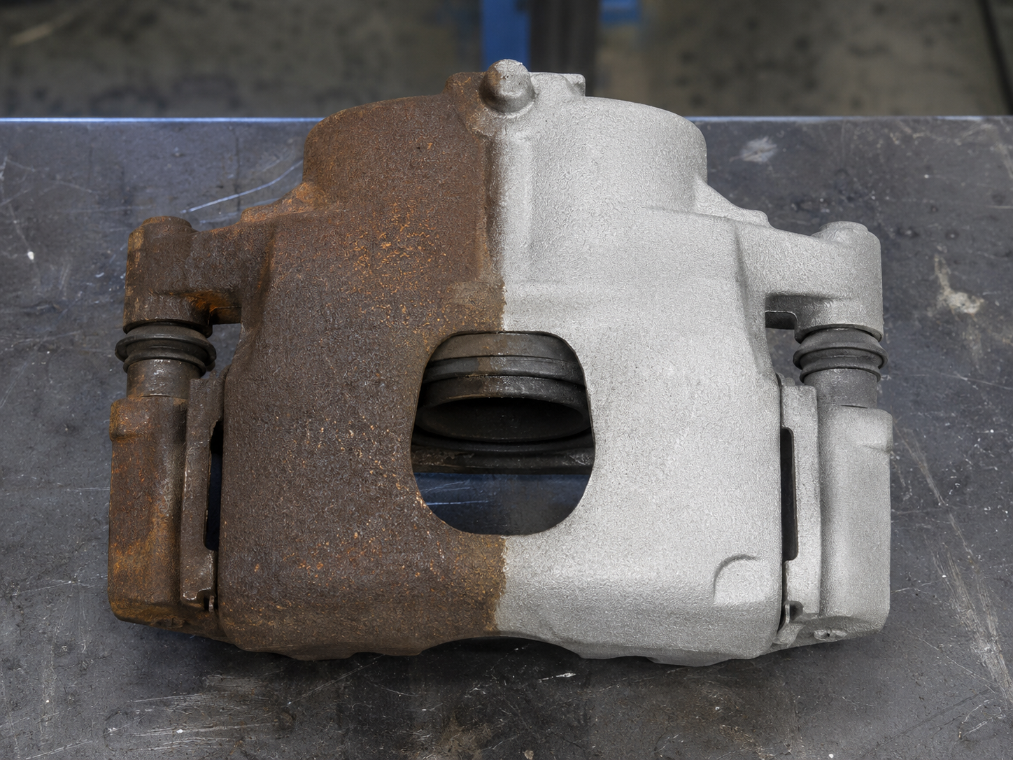 Before and after laser rust removal from a cast-iron brake caliper