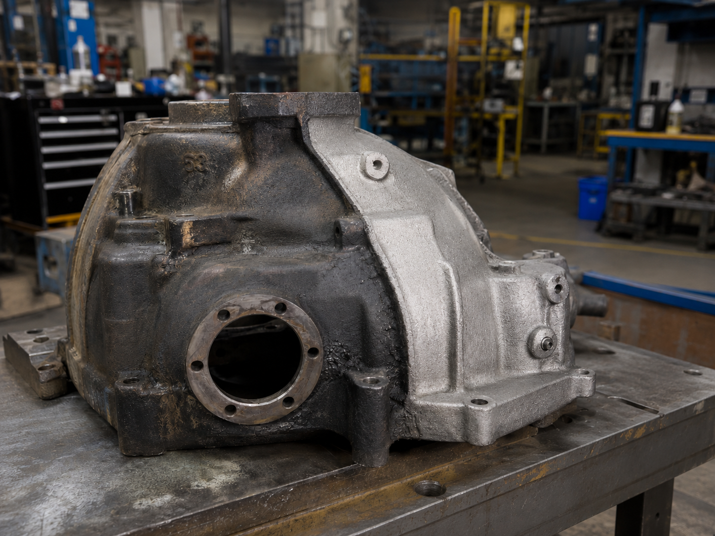 Laser-cleaned aluminum gearbox case after oil and oxidation removal
