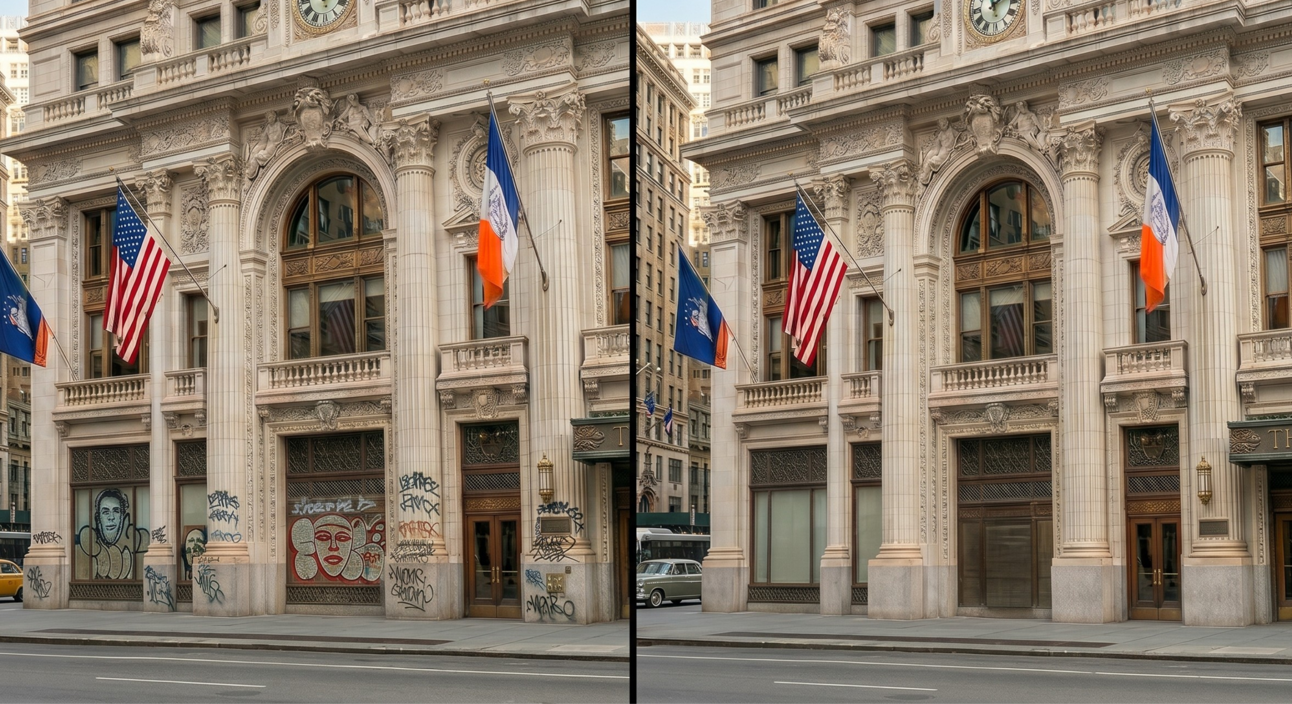 Before and after laser cleaning of a historic masonry facade