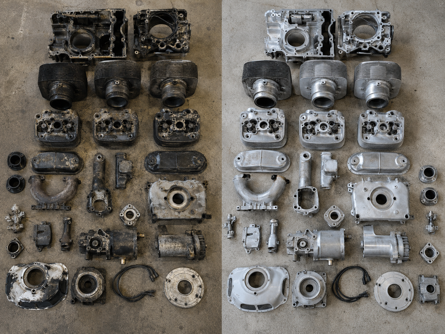 Before and after laser cleaning of disassembled engine components