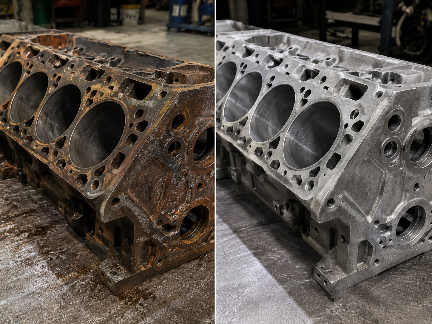 Before and after carbon removal from an aluminum engine block