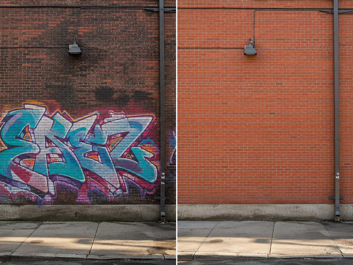 Before and after laser graffiti removal from a brick wall