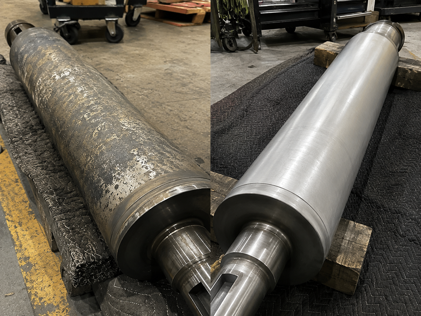 Before and after laser rust removal from industrial conveyor rollers