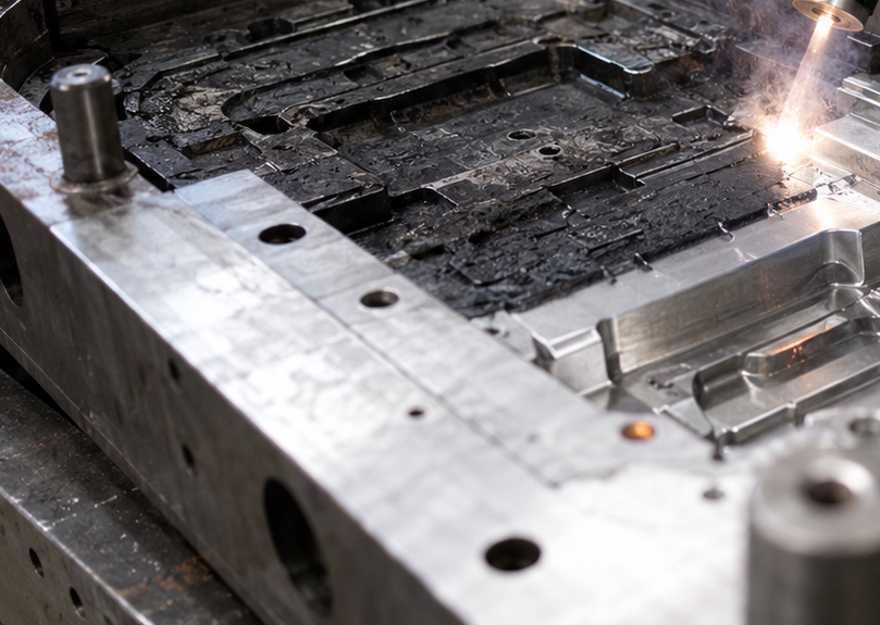 Handheld laser cleaning in progress on a production mold