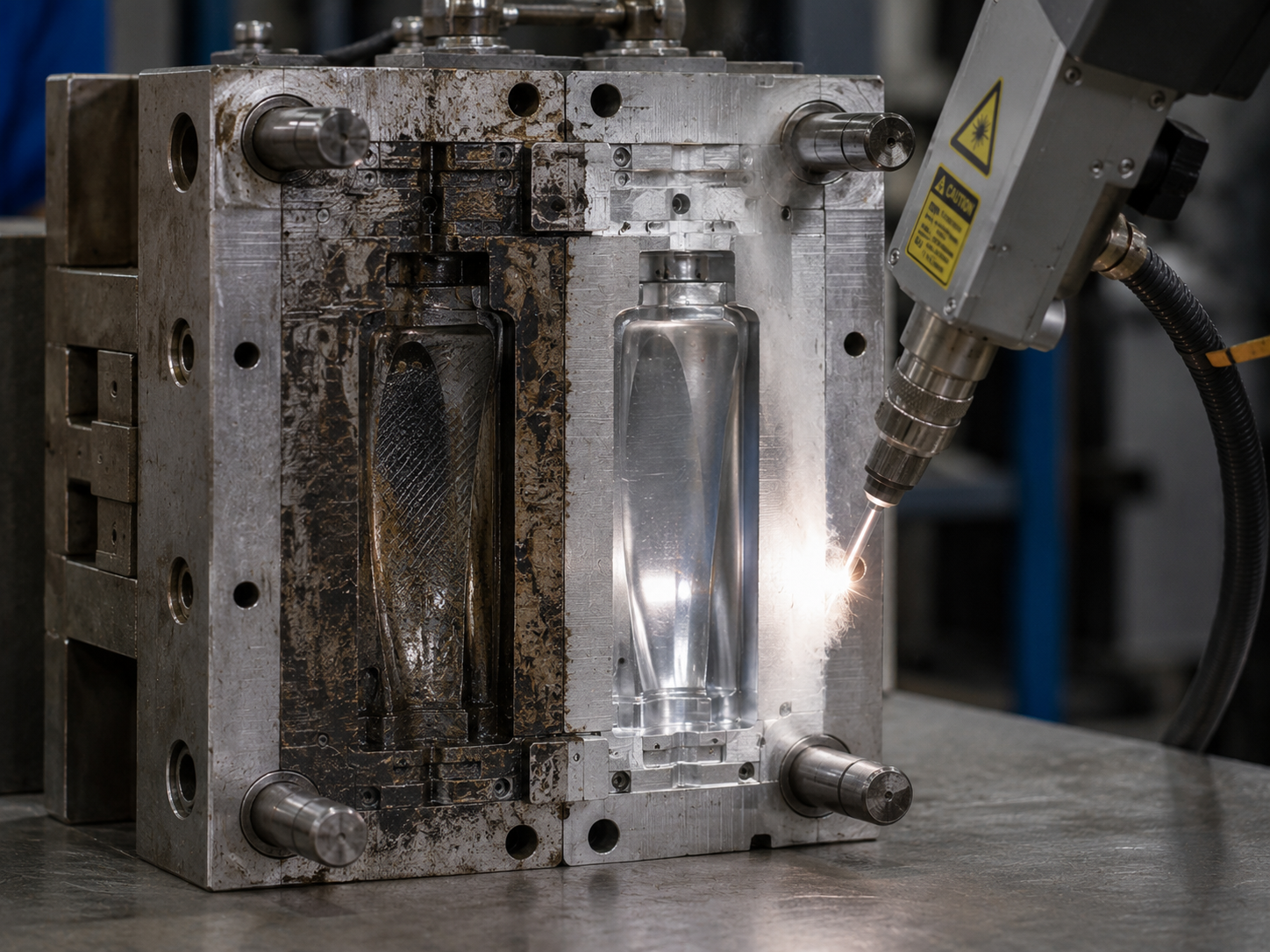 Laser cleaning in progress inside a precision injection mold