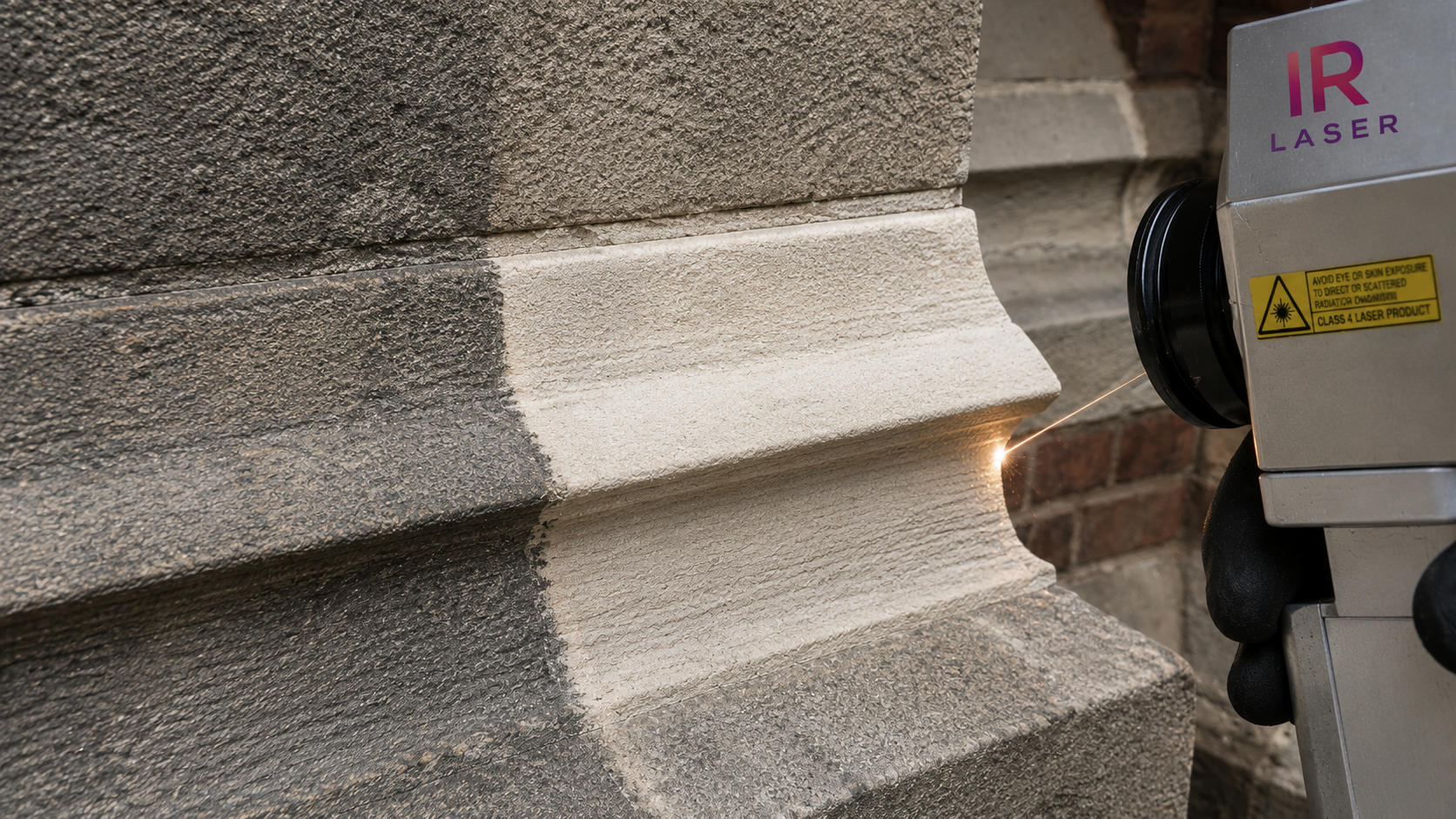 Laser cleaning in progress on limestone architectural molding