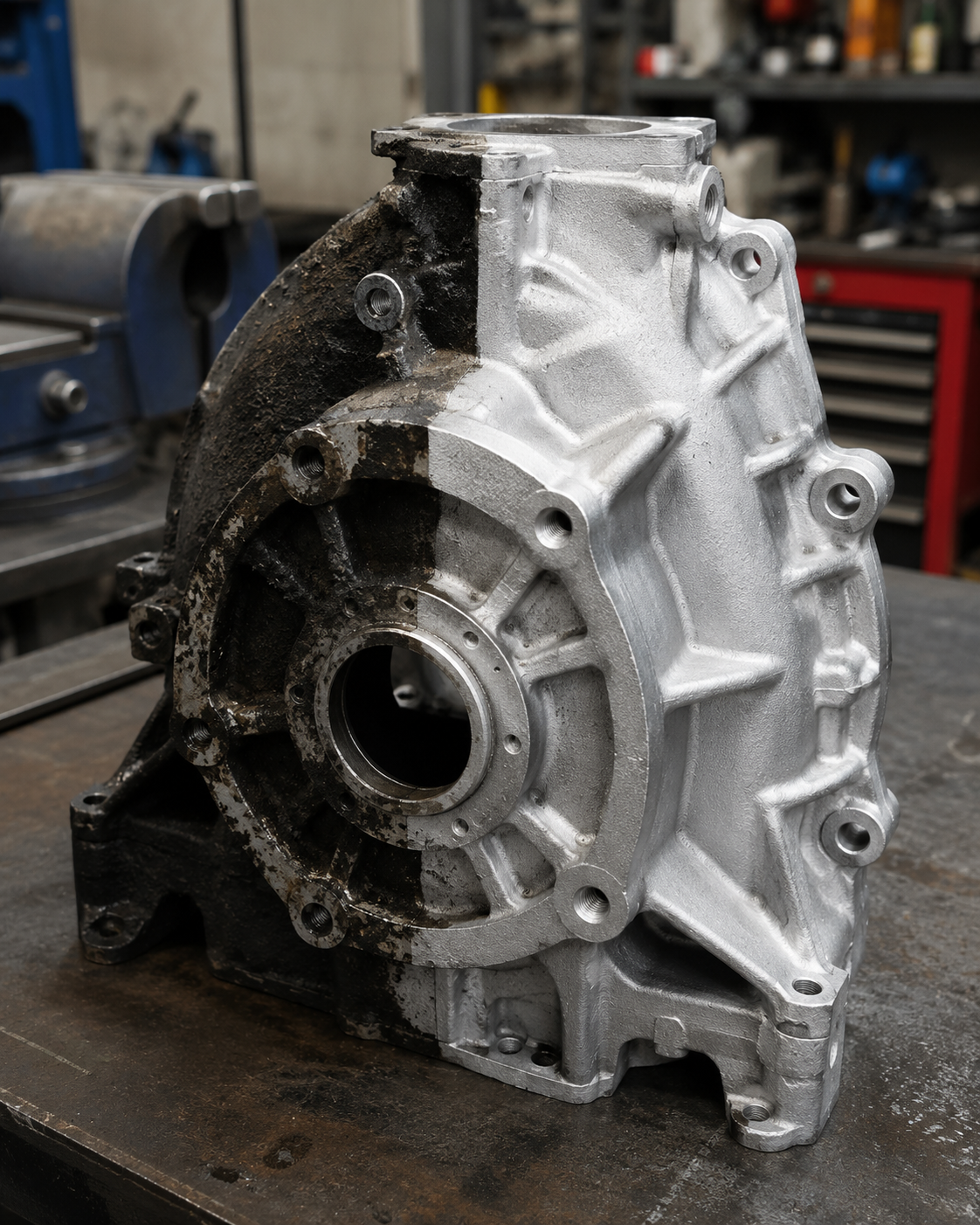 Before and after laser cleaning of an aluminum engine housing