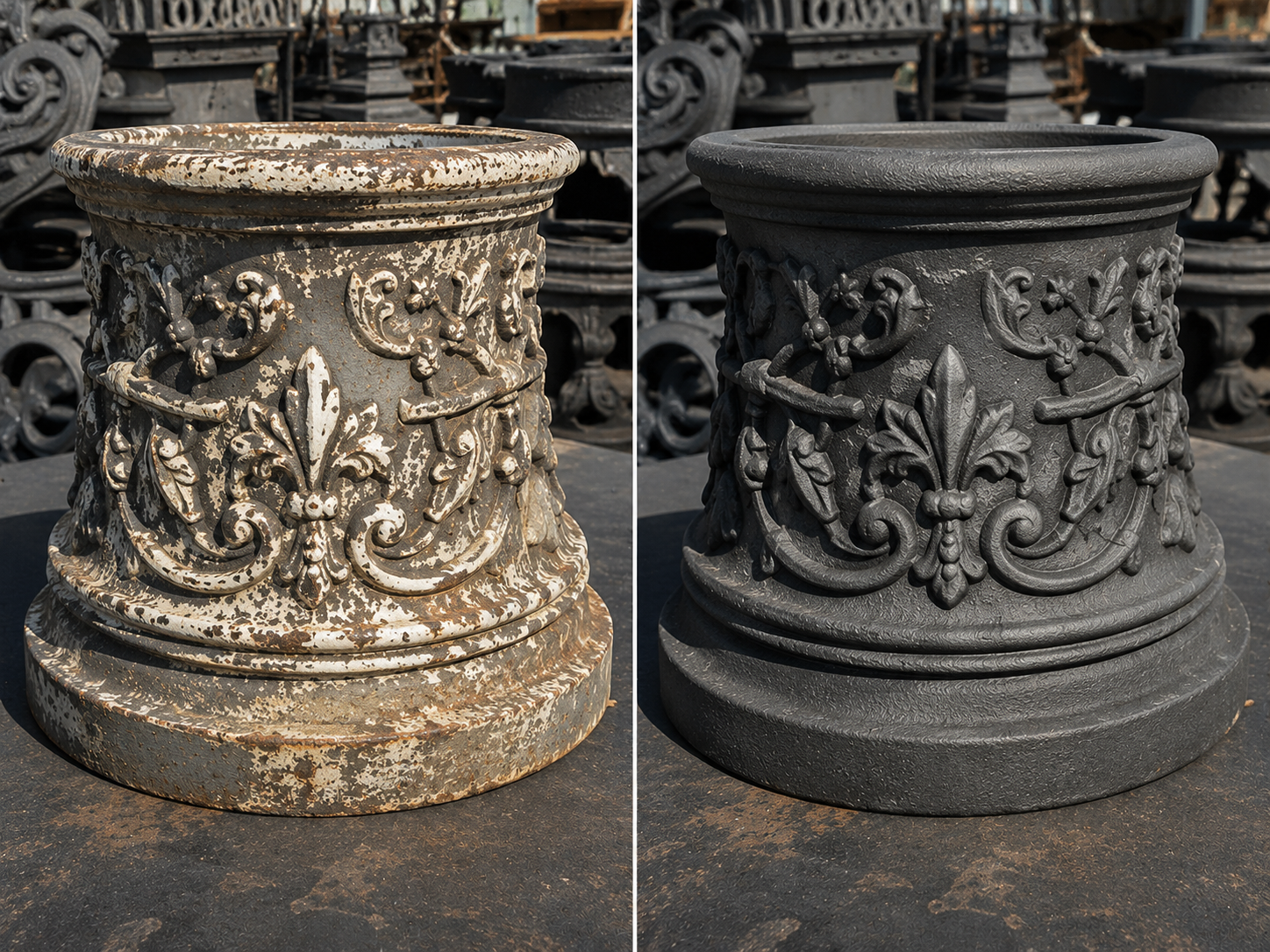 Before and after paint removal from an ornamental cast-iron planter rim
