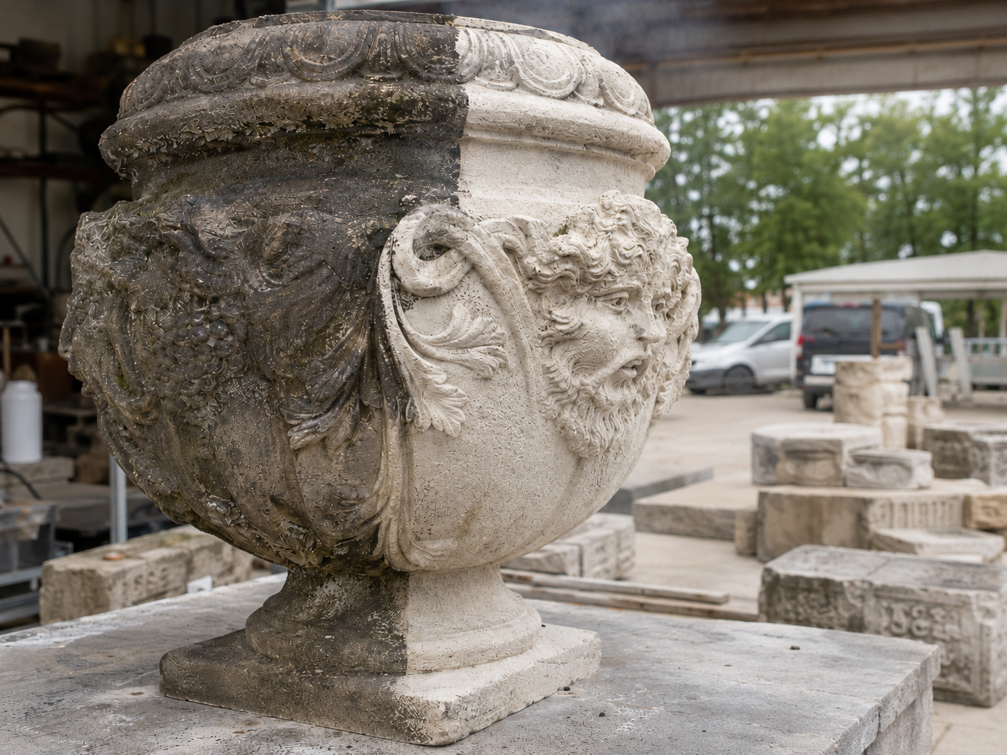 Before and after laser cleaning of an outdoor stone planter