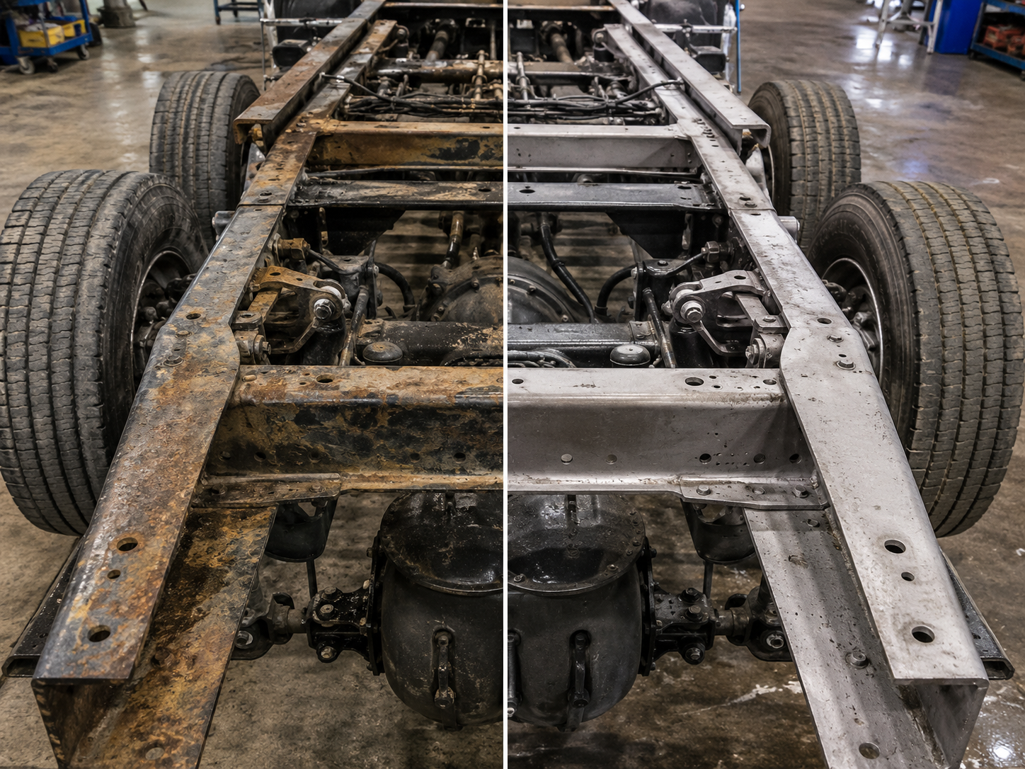 Laser cleaning in progress on a structural steel beam