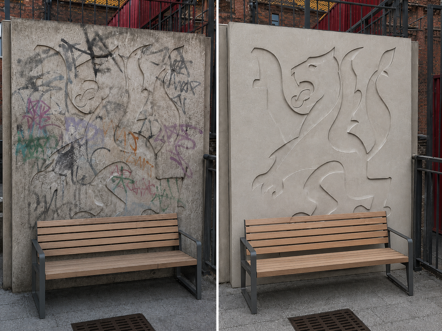Before and after laser graffiti removal from a sculptural concrete relief