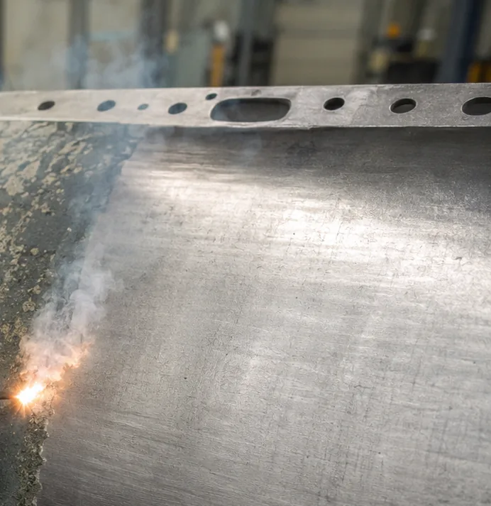 Laser coating removal in progress on an industrial metal component
