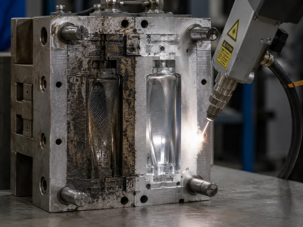 Laser cleaning in progress inside a precision injection mold