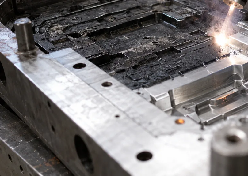 Handheld laser cleaning in progress on a production mold